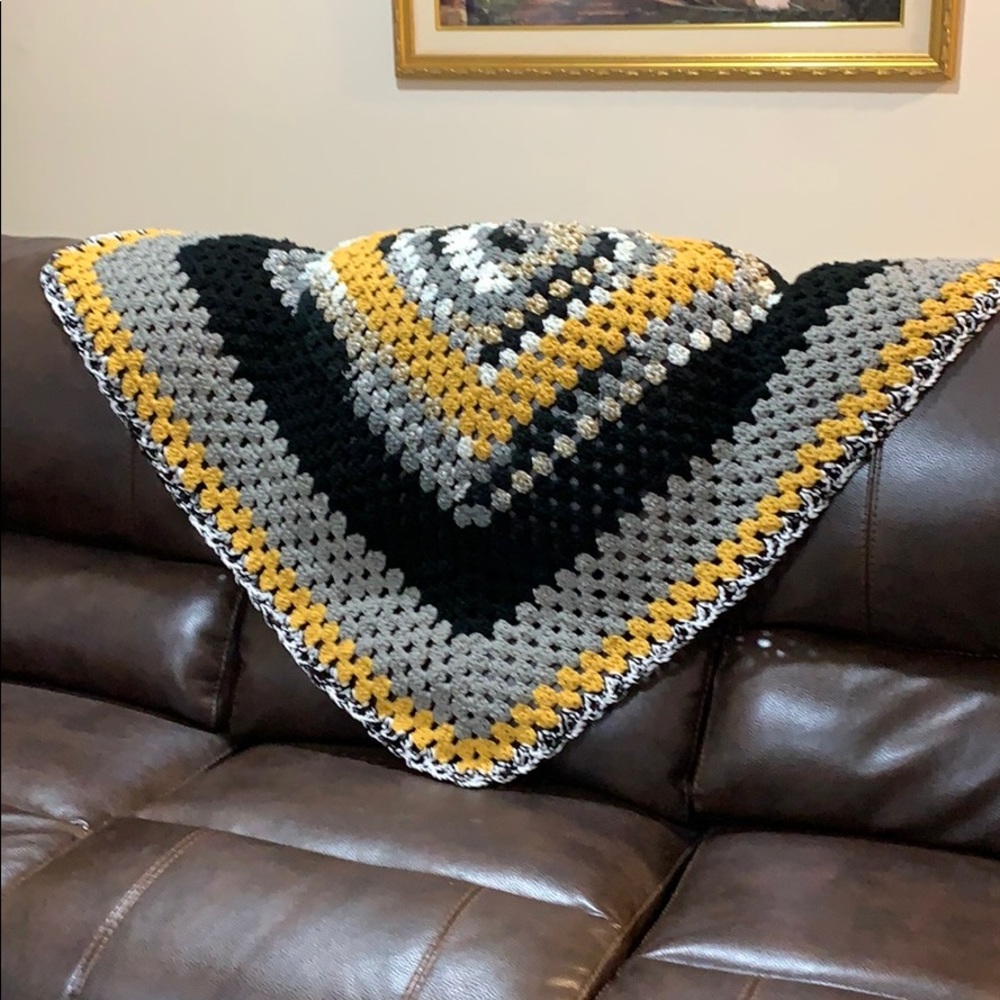 Black white gold and silver crochet throw